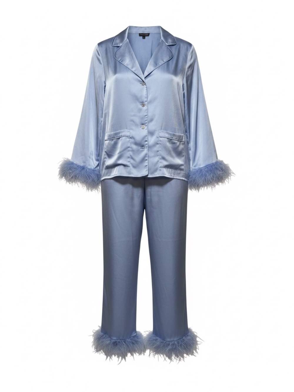 NADINE MERABI Darcie Light Blue Silk Blend Feather-Trim Pajama Set Women Sz XL